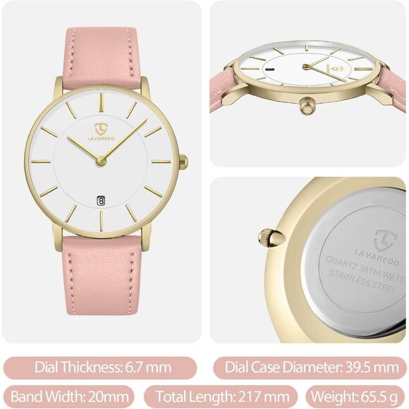 Men's Pink- White Leather Strap Analog Minimal Simple Stylish Buckle Wrist Watch - Picture 6 of 6